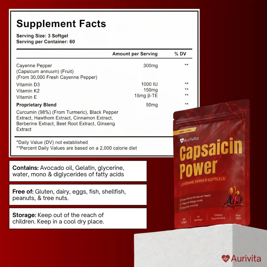 Aurivita Capsaicin Power® - Cápsulas blandas de pimienta de cayena formuladas para diabéticos