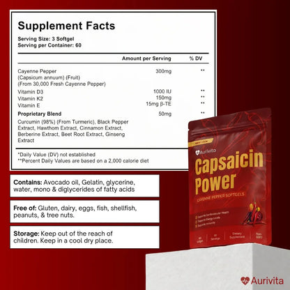 Aurivita Capsaicin Power® - Cápsulas blandas de pimienta de cayena formuladas para diabéticos